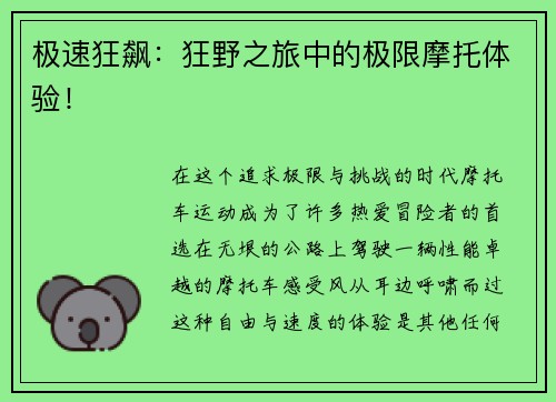 极速狂飙：狂野之旅中的极限摩托体验！
